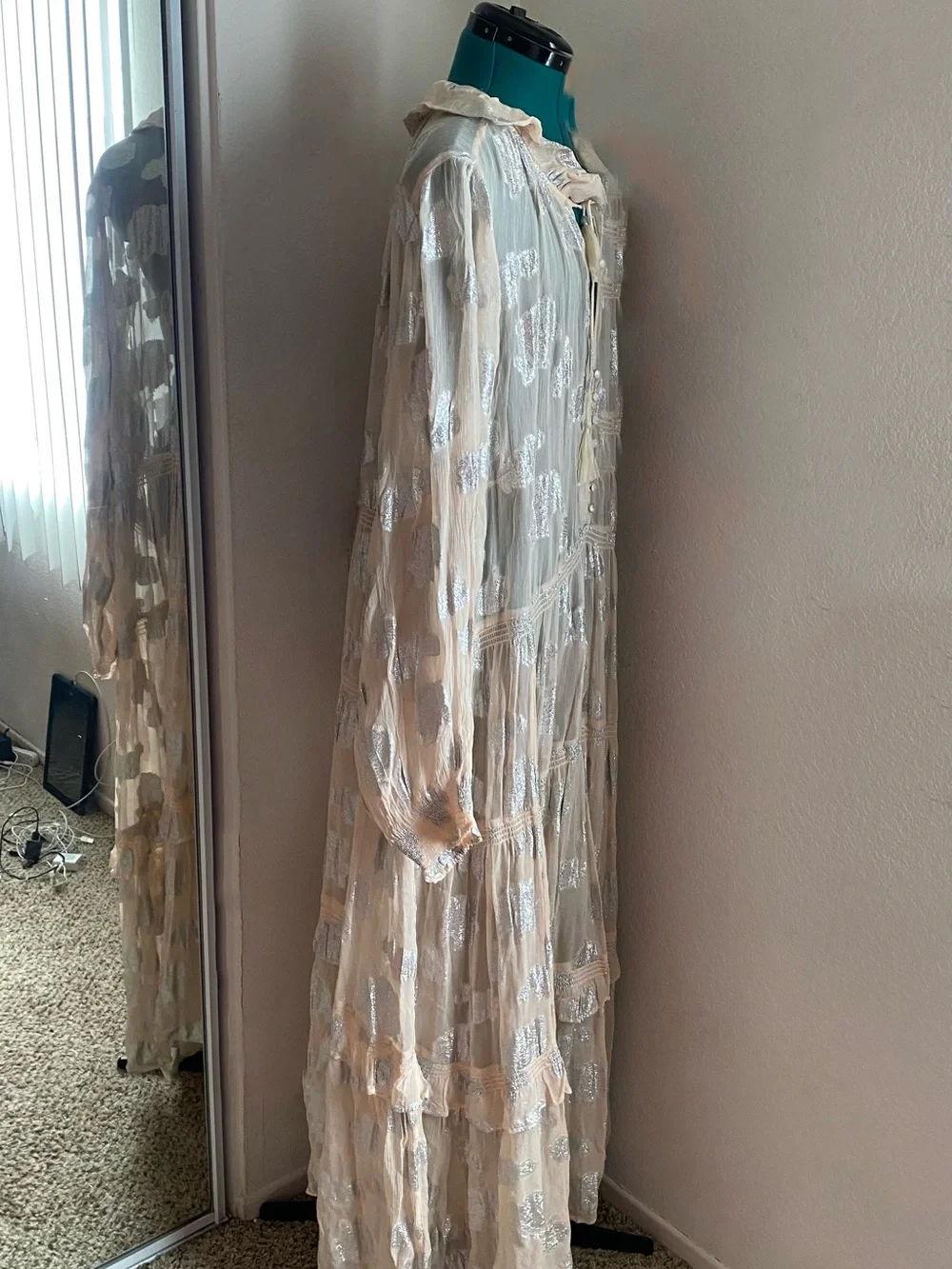 Anthropologie Cream and Silver Tassel Tie Long Metallic Dot Maxi Dress 3X - Picture 4 of 6